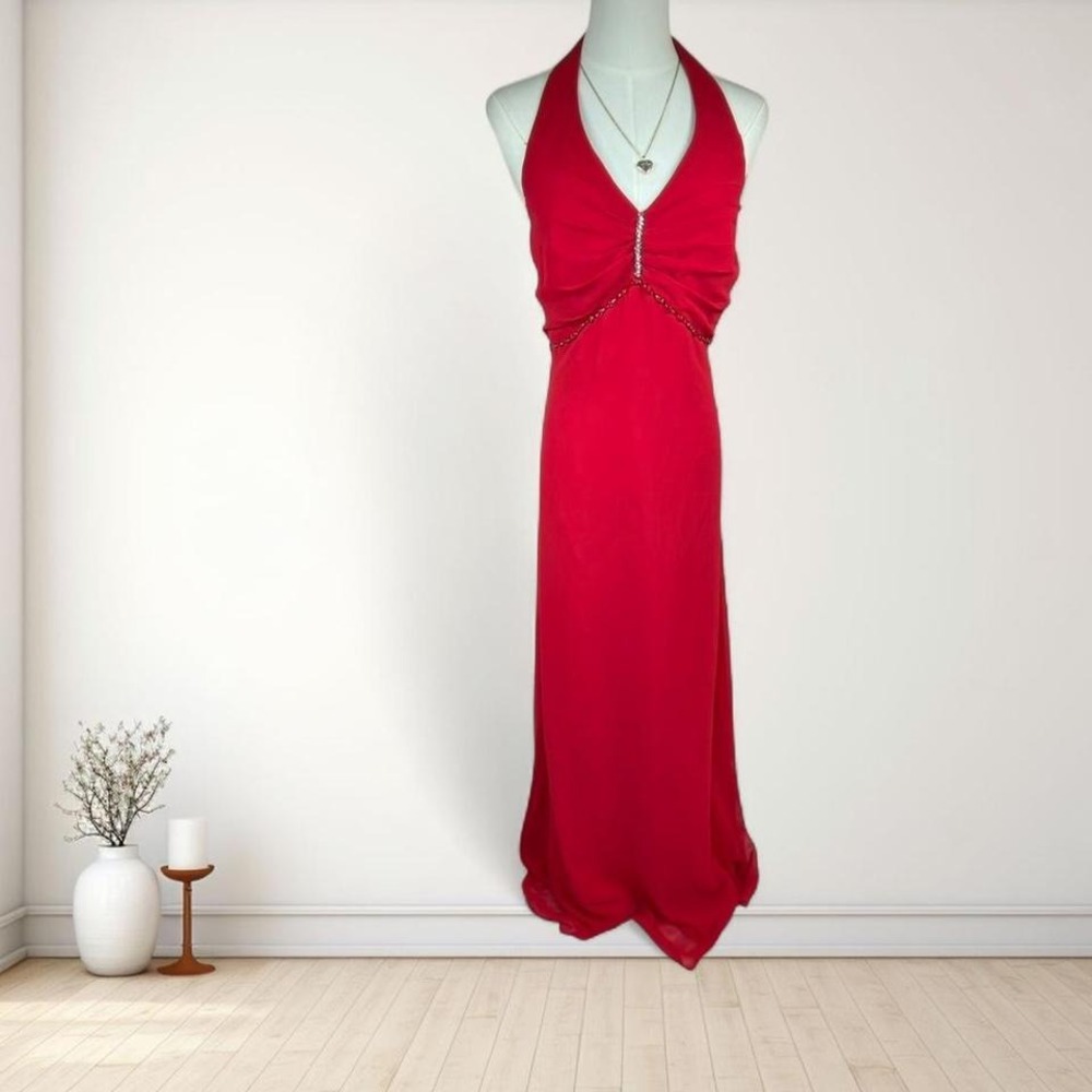 Y2K red halter maxi gown Ne Prom by Moonlight rhinestone bust formal prom